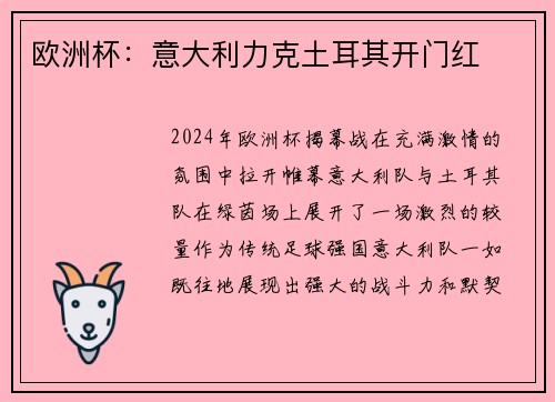 欧洲杯：意大利力克土耳其开门红